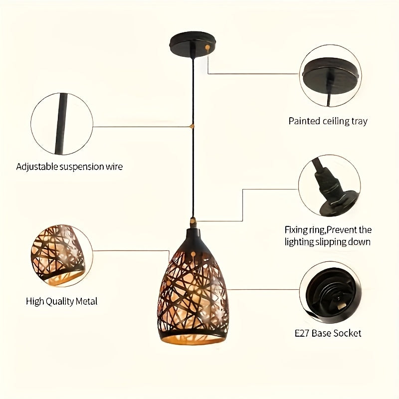 Suspension cloche en métal noir ajouré motif nid, intérieur cuivré