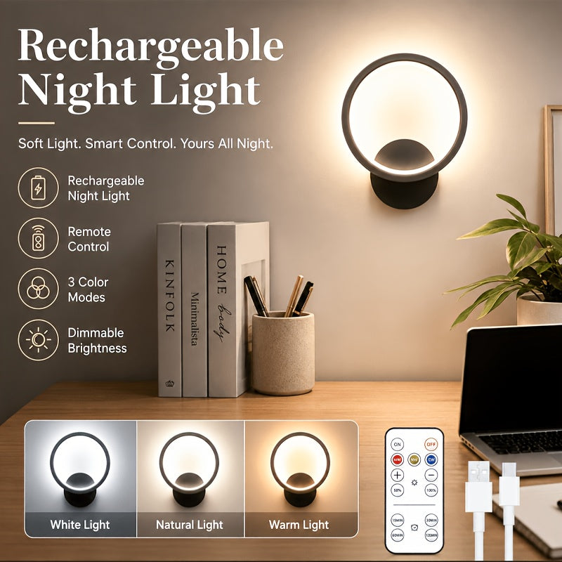 Applique murale LED anneau noir rechargeable, avec télécommande