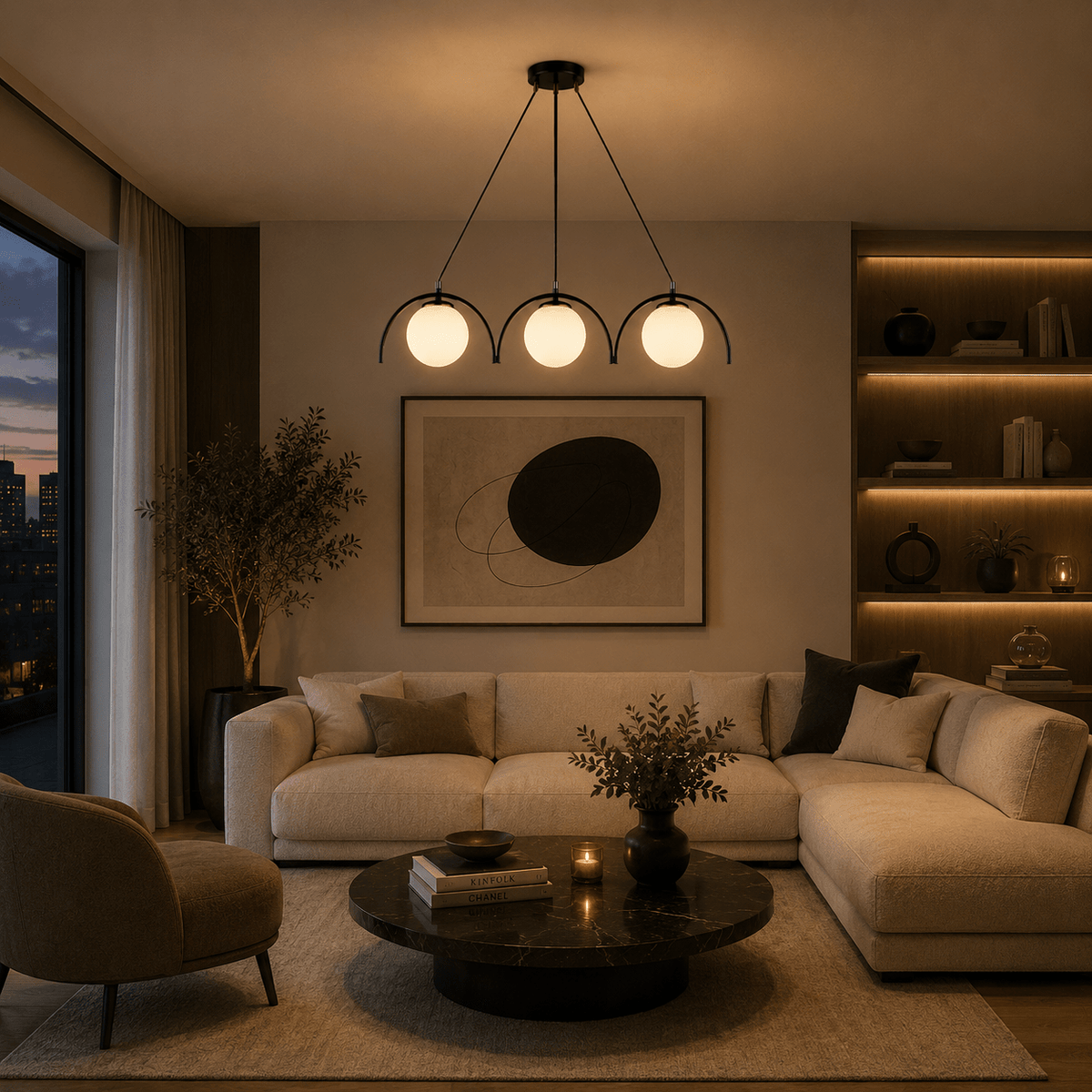 Globes opalins et arches noires au dessin graphique