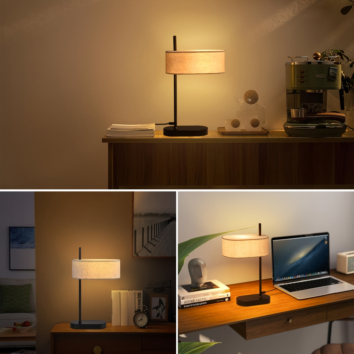 Lot de 2 lampes de chevet noires, abat-jour en lin, douille E14