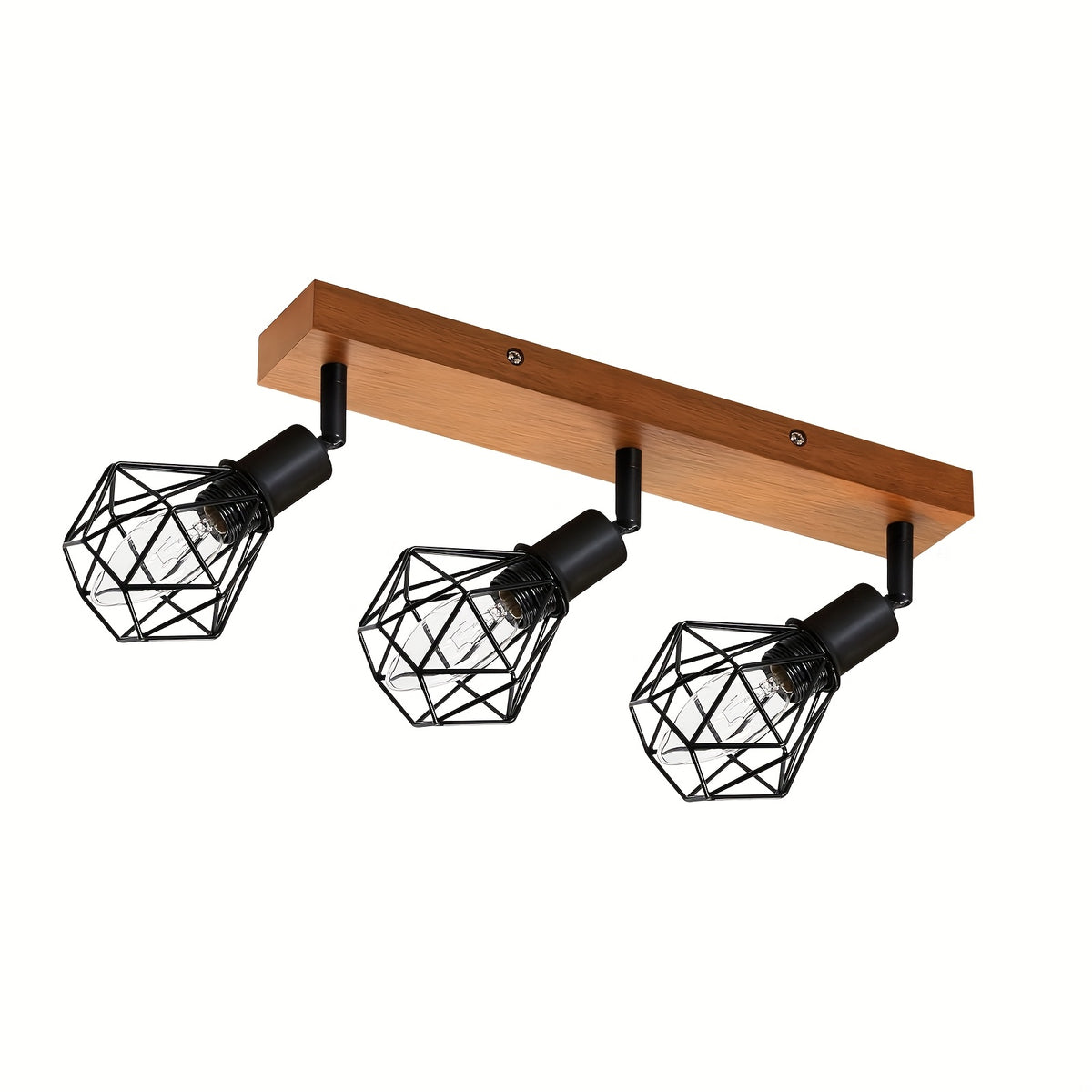 Plafonnier cages géométriques noires sur socle effet bois, 2 ou 4 E14