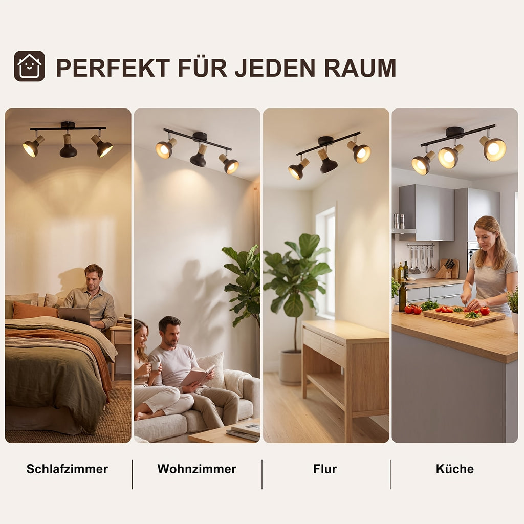 Plafonnier 3 spots orientables noirs à col effet bois, E14