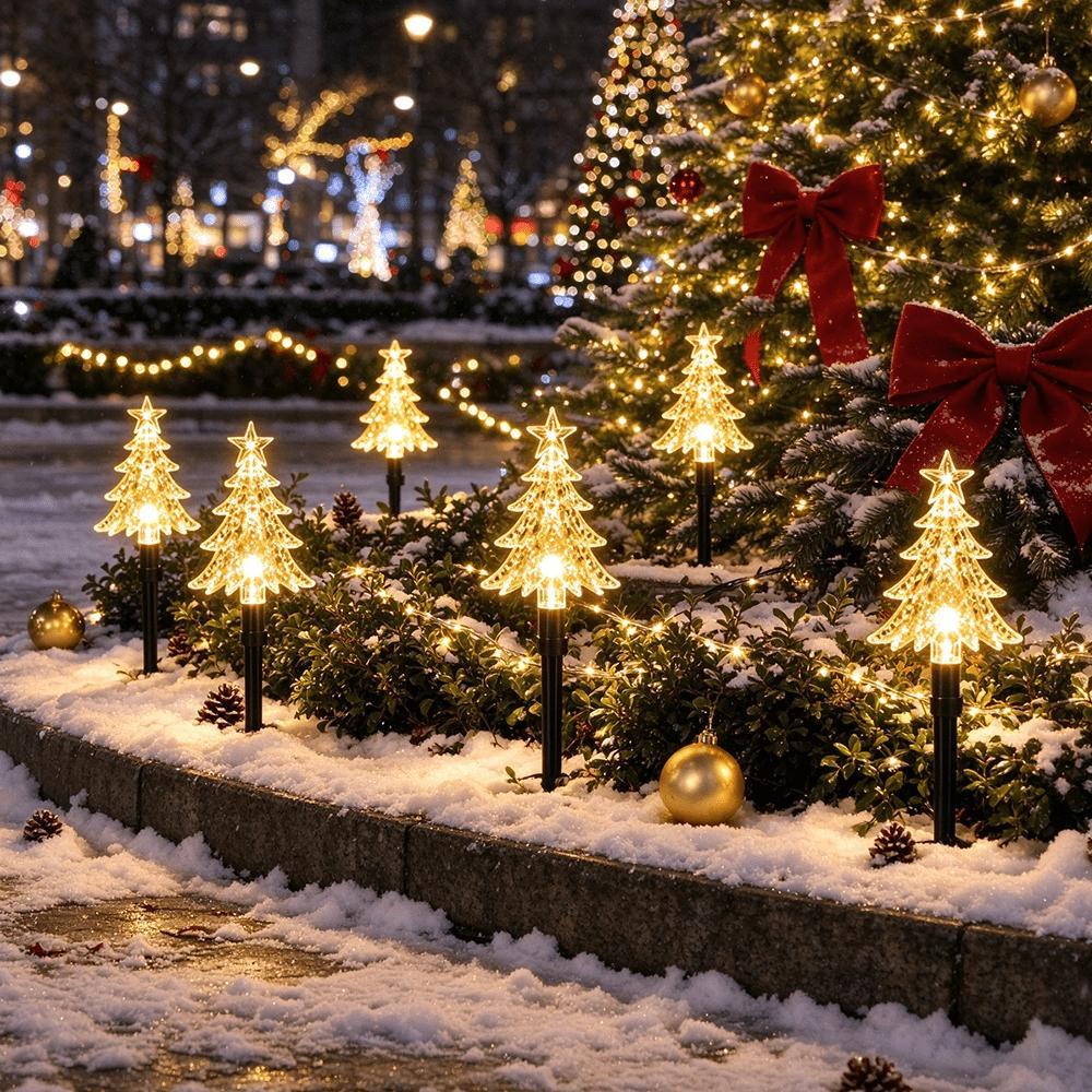 Lot de 10 sapins lumineux LED sur piquet, à piles, vert ou jaune