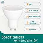 Ampoule LED GU10 6 W, 570 lumens, faisceau 100°, lot de 10