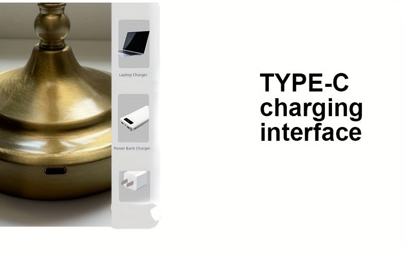 Lampe de chevet sans fil rétro, tige finition laiton et cône en tissu
