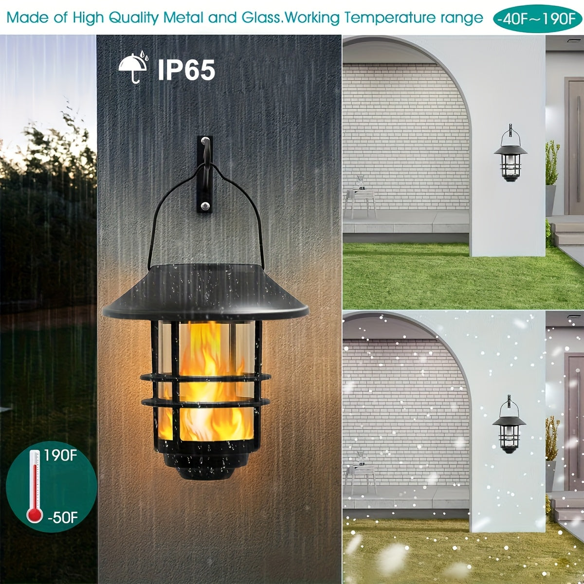 Suspension solaire noire effet flamme et potence murale, IP65