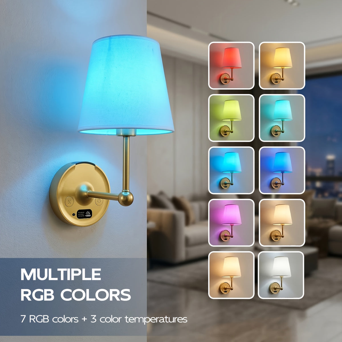 Applique murale sans fil rechargeable, RVB et télécommande, dorée