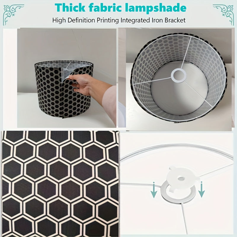 Abat-jour tambour à motif hexagones noir et blanc, Ø 33 x H 25 cm