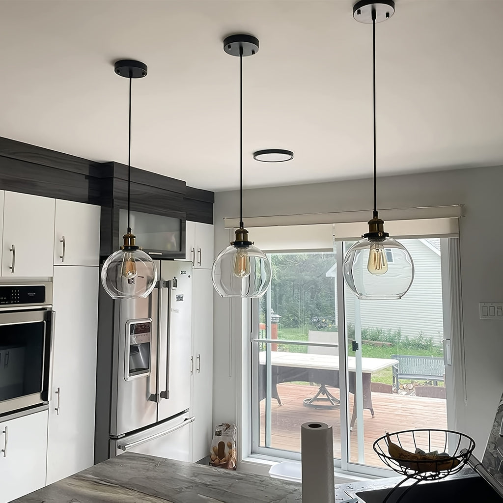 Suspension industrielle en verre clair Ø 20 cm sur câble de 100 cm