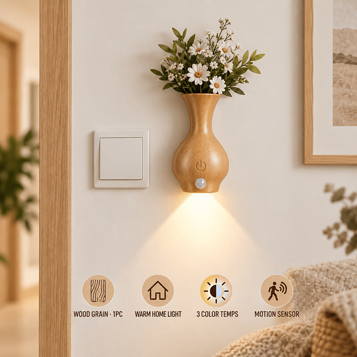 Vase mural lumineux aux finitions bois et pierre