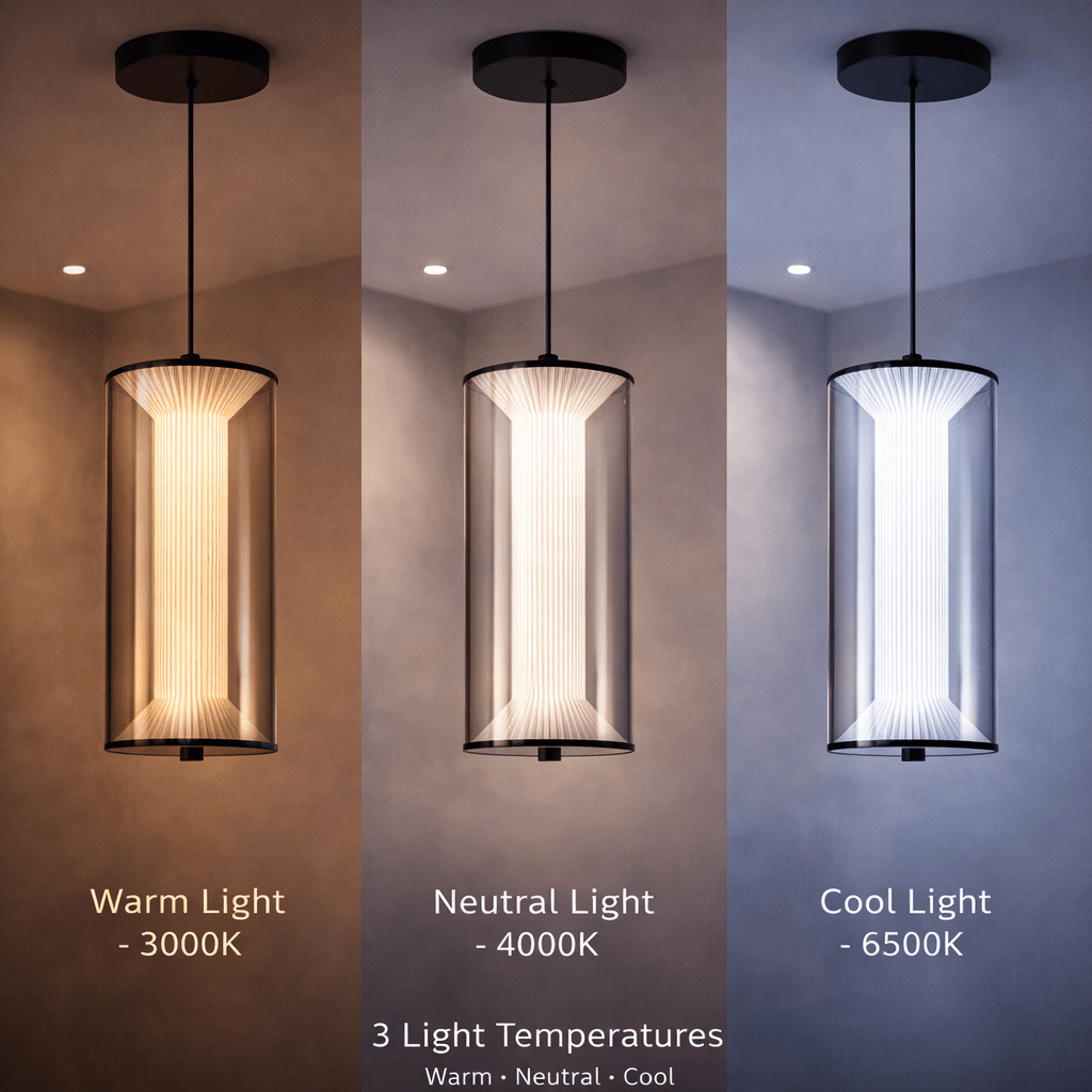 Suspension LED cylindre noir à diffuseur plissé et voile fumé, 29 W