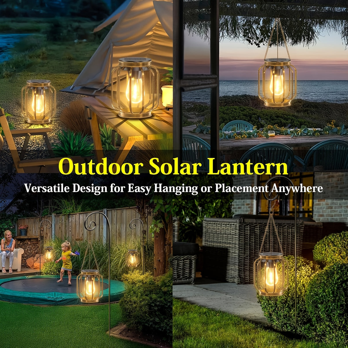 Lot de 2 ou 4 suspensions solaires cage dorée, filament LED