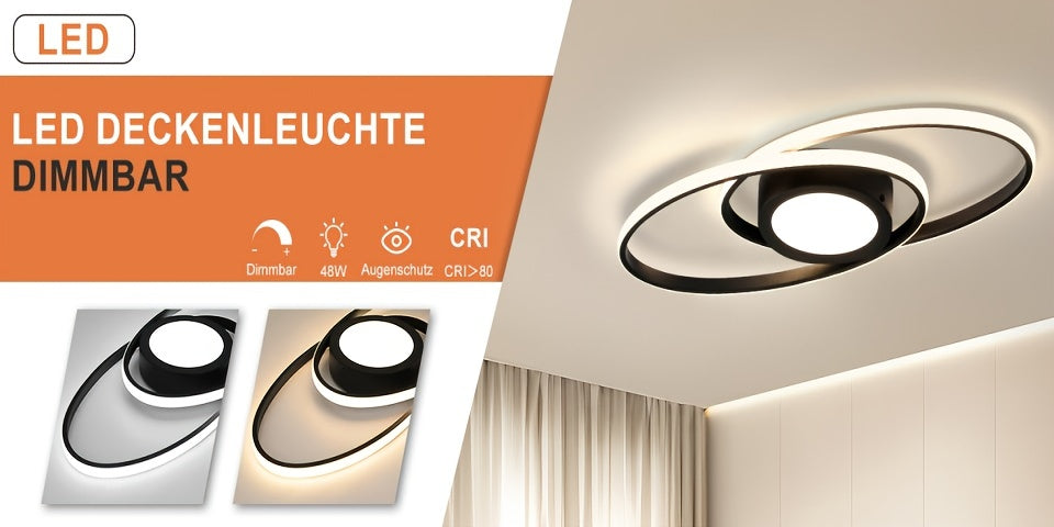Plafonnier LED noir ovale ou carré à anneaux, avec télécommande
