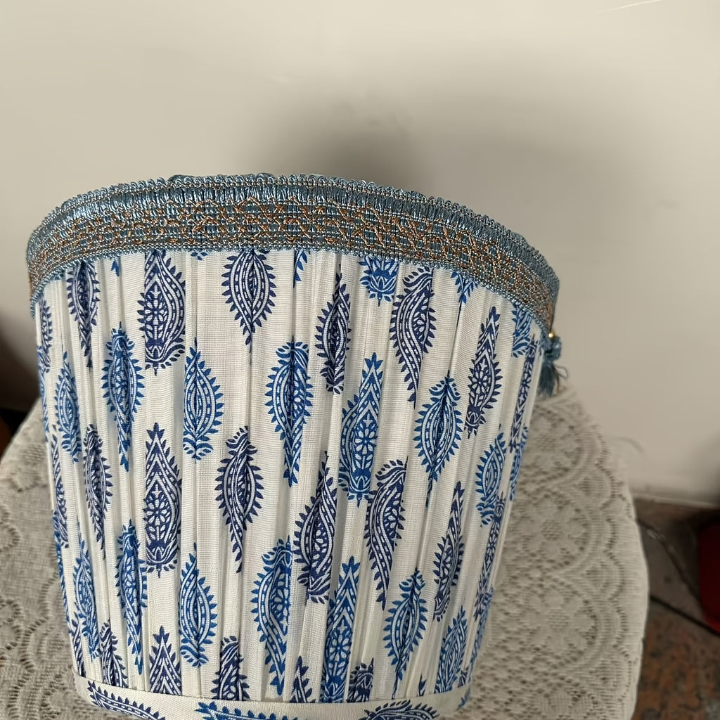 Abat-jour plissé à motif paisley bleu, galon et glands, Ø 30 cm