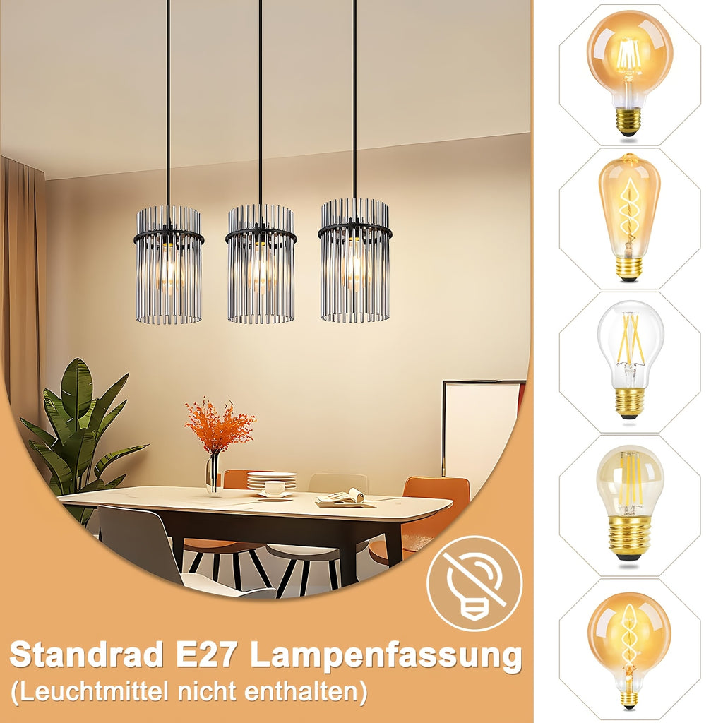 Suspension 3 lampes à baguettes de verre fumé, rosace ou barre