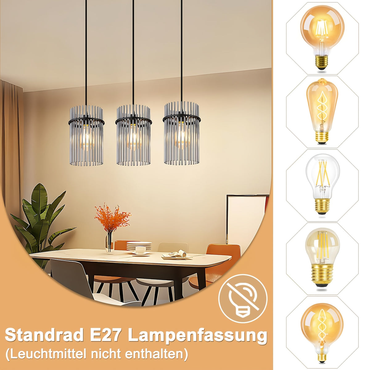 Suspension 3 lampes à baguettes de verre fumé, rosace ou barre