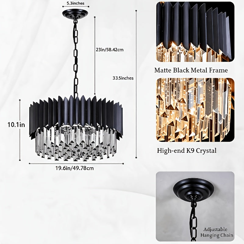 Lustre tambour noir et cristal K9, Ø 50 cm, douilles E14