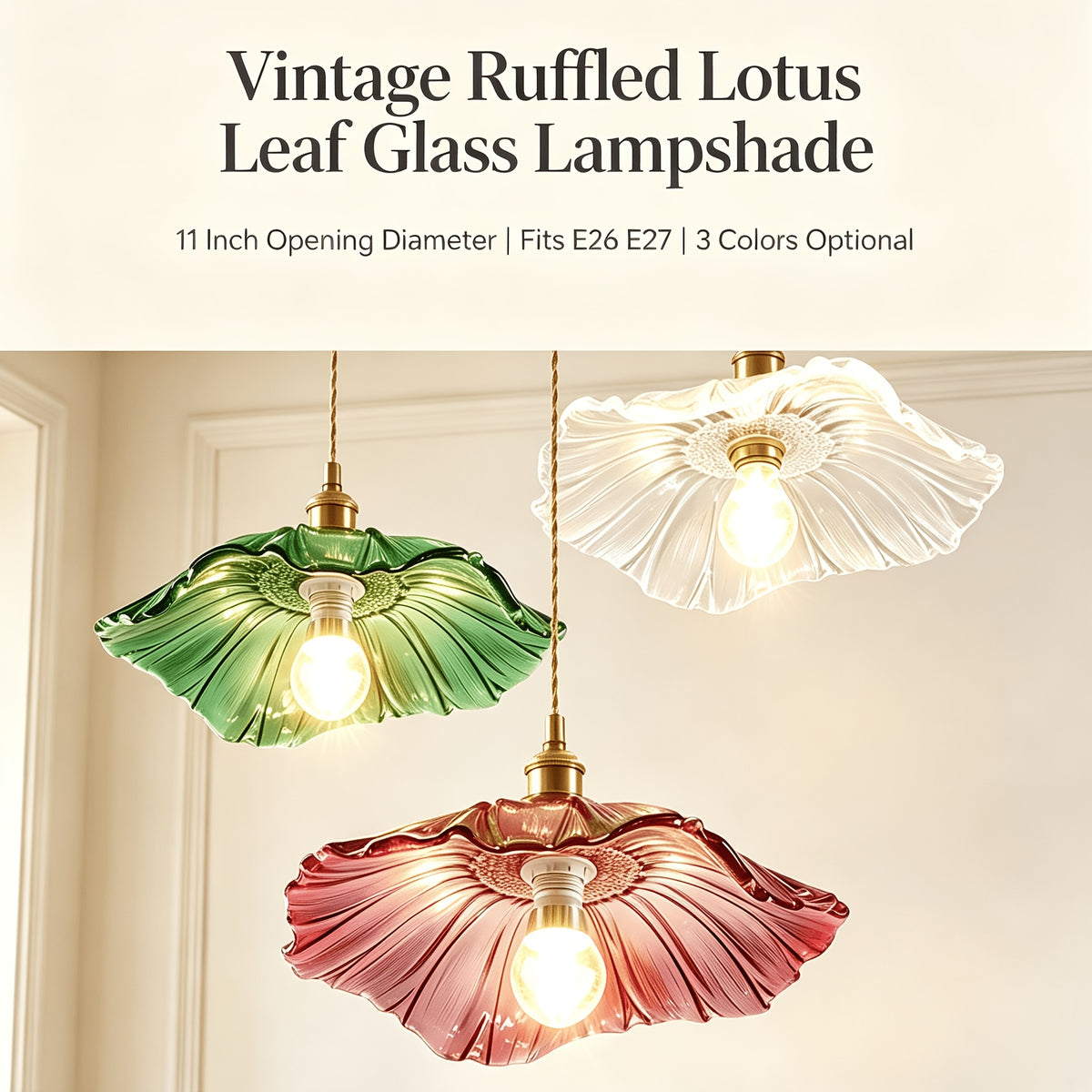 Abat-jour en verre feuille de lotus à volants, 3 coloris, Ø 28 cm