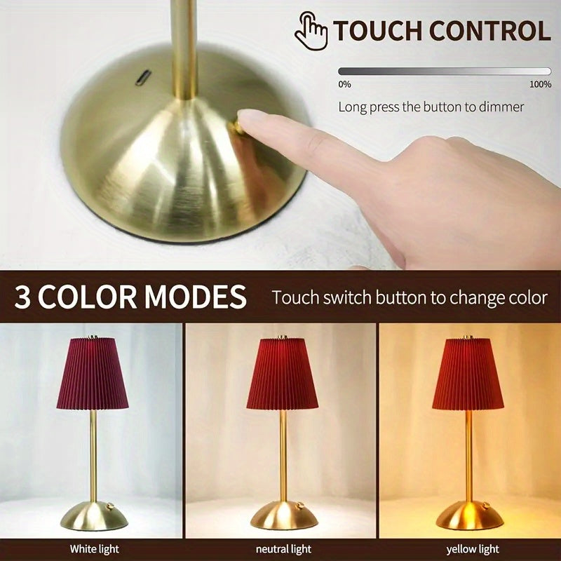Lampe de chevet sans fil rouge, abat-jour plissé et pied doré