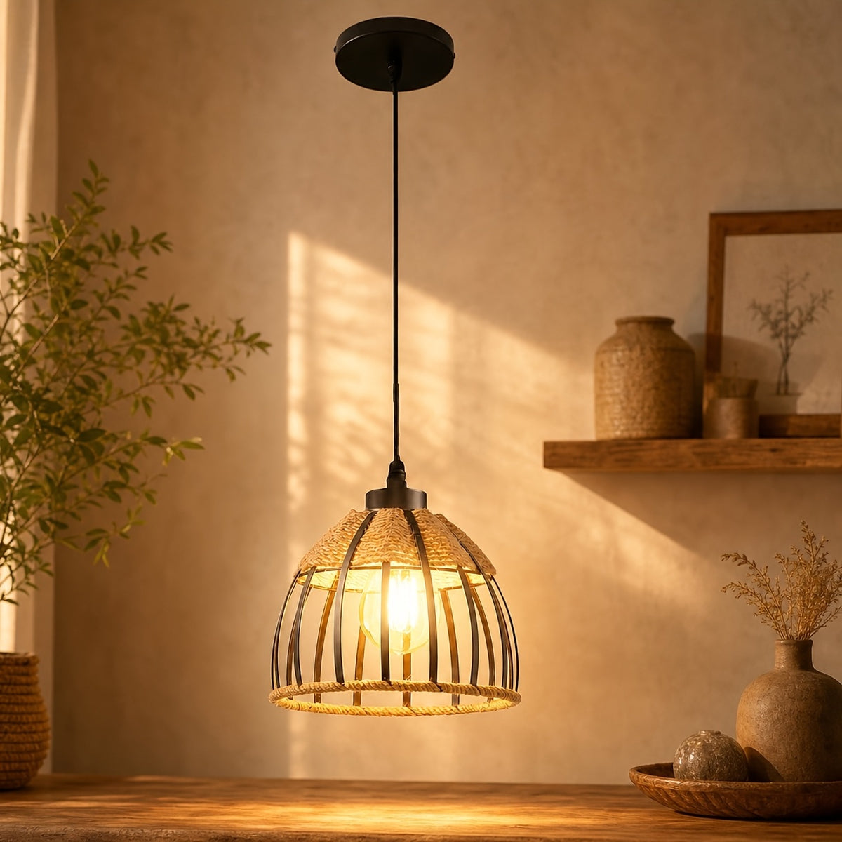Suspension champêtre cage en métal noir et corde naturelle, Ø 17 cm