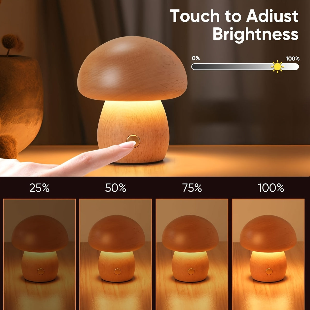 Lampe champignon en bois sans fil, veilleuse tactile rechargeable