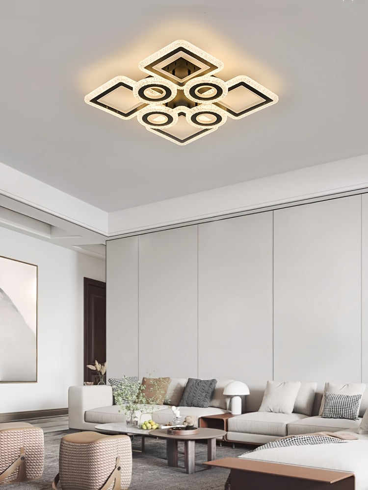 Plafonnier LED géométrique 75 cm, anneaux et carrés, trois teintes
