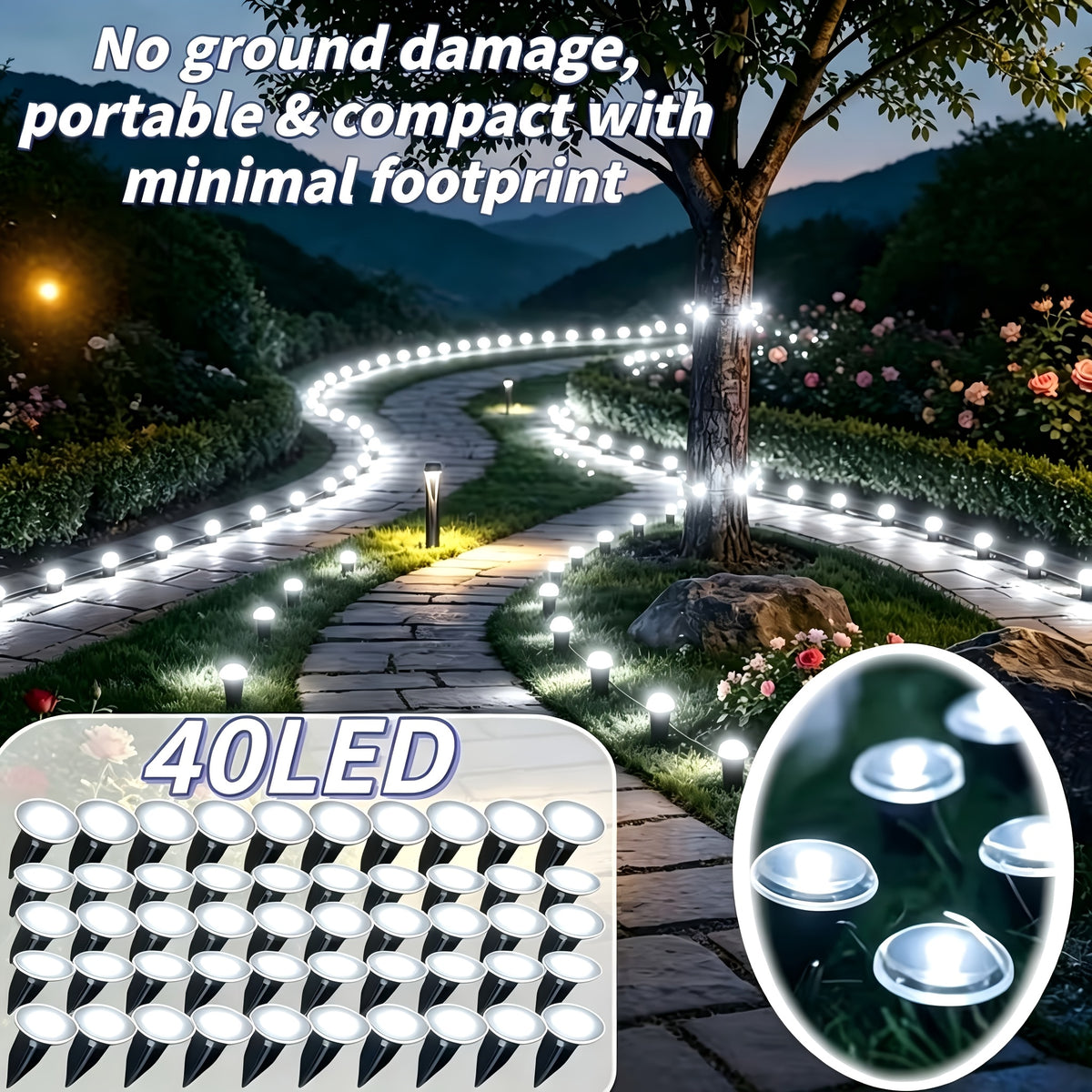 Guirlande solaire de 40 mini piquets lumineux pour bordure, 10 m