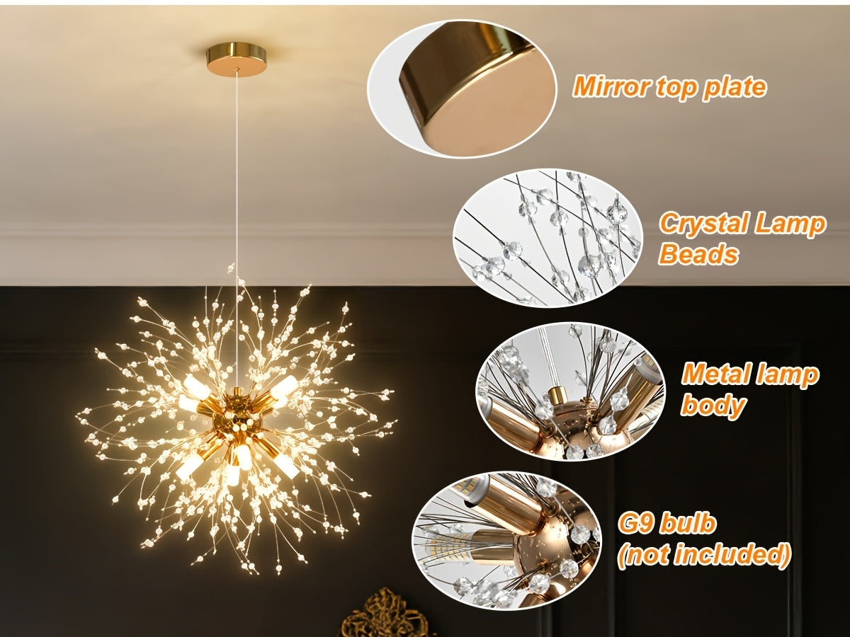 Lustre pissenlit doré à perles de cristal, Ø 45 cm, ampoules G9