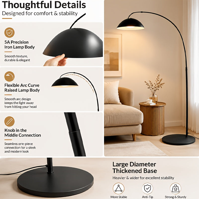 Lampadaire arc noir mat, dôme métal Ø 30 cm et portée réglable