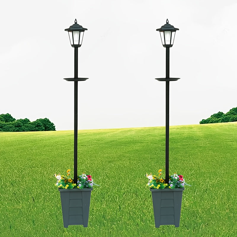 Lampadaire solaire à mangeoire et grand bac à fleurs gris, 150 cm