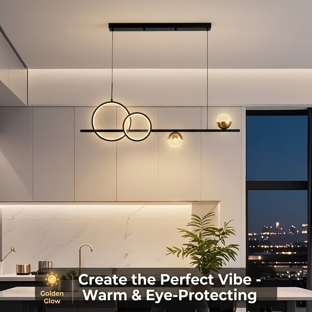 Lustre LED linéaire de 100 cm, double anneau et globes de cristal