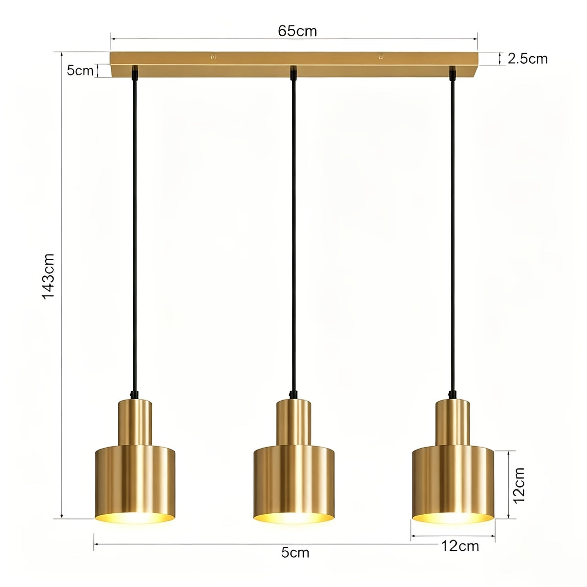 Suspension 3 cylindres en métal doré sur barre de 65 cm, E27