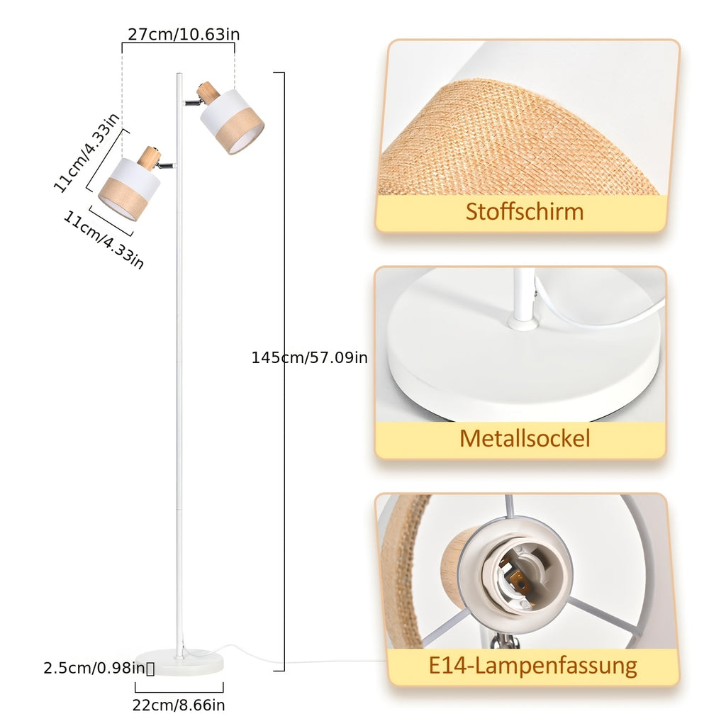 Lampadaire blanc à deux têtes orientables en tissu, douille E14