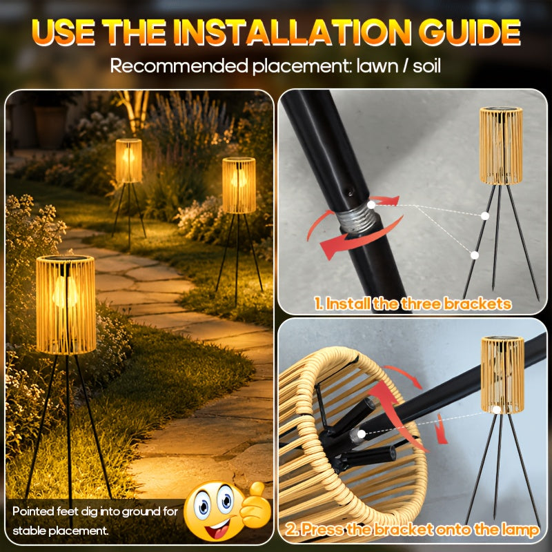 Lampadaire solaire d'extérieur sur trépied, lanterne tressée 78 cm