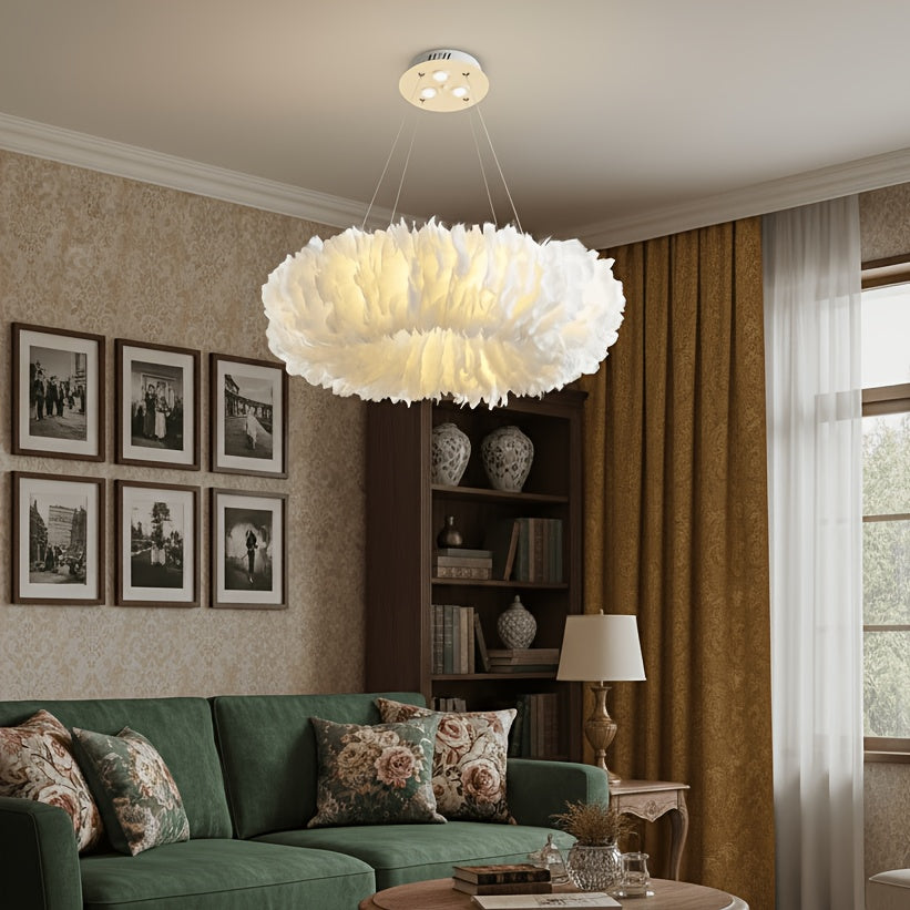 Abat-jour anneau en plumes blanches pour suspension, Ø 51cm