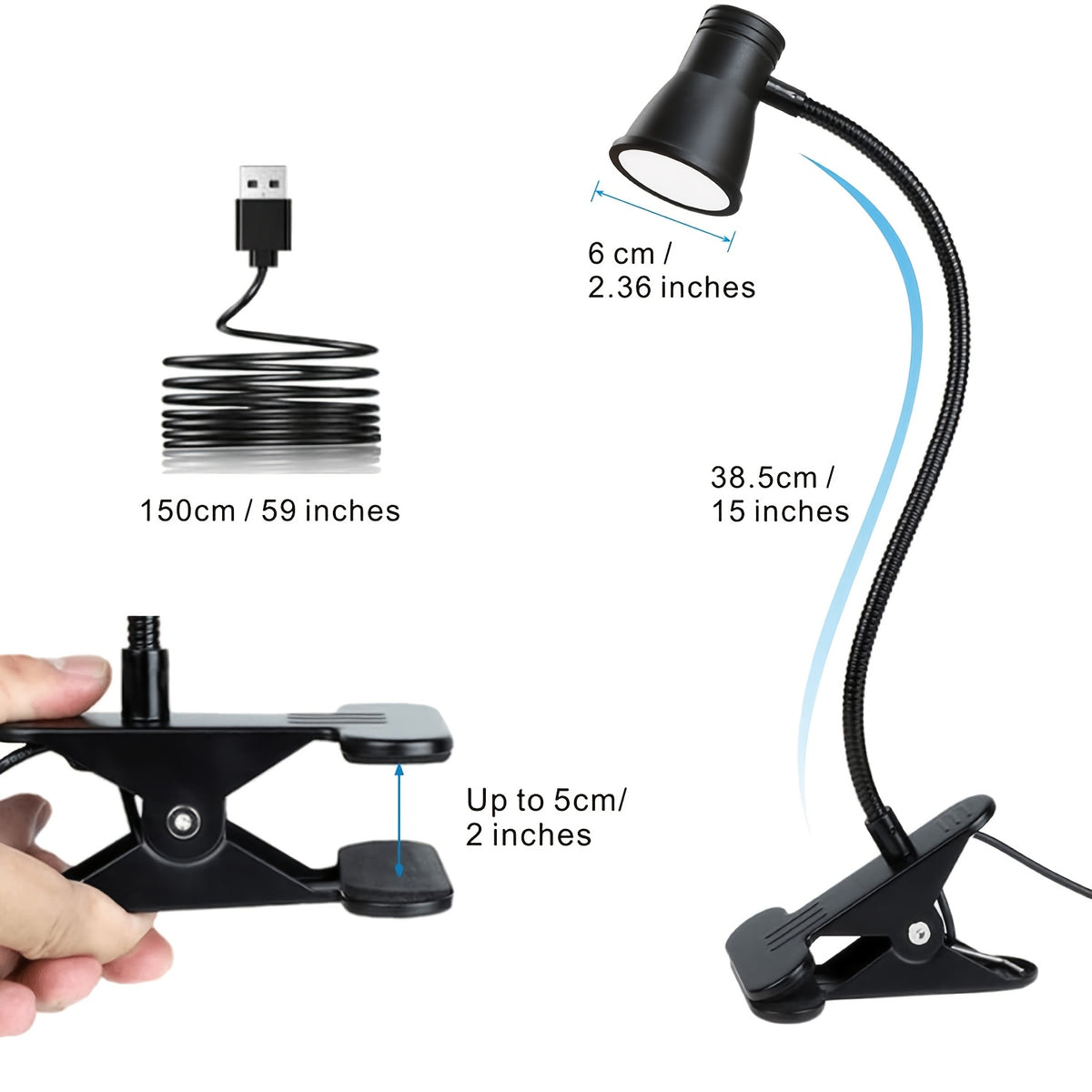 Lampe de lecture à pince noire en trompette, tête de 6 cm, USB