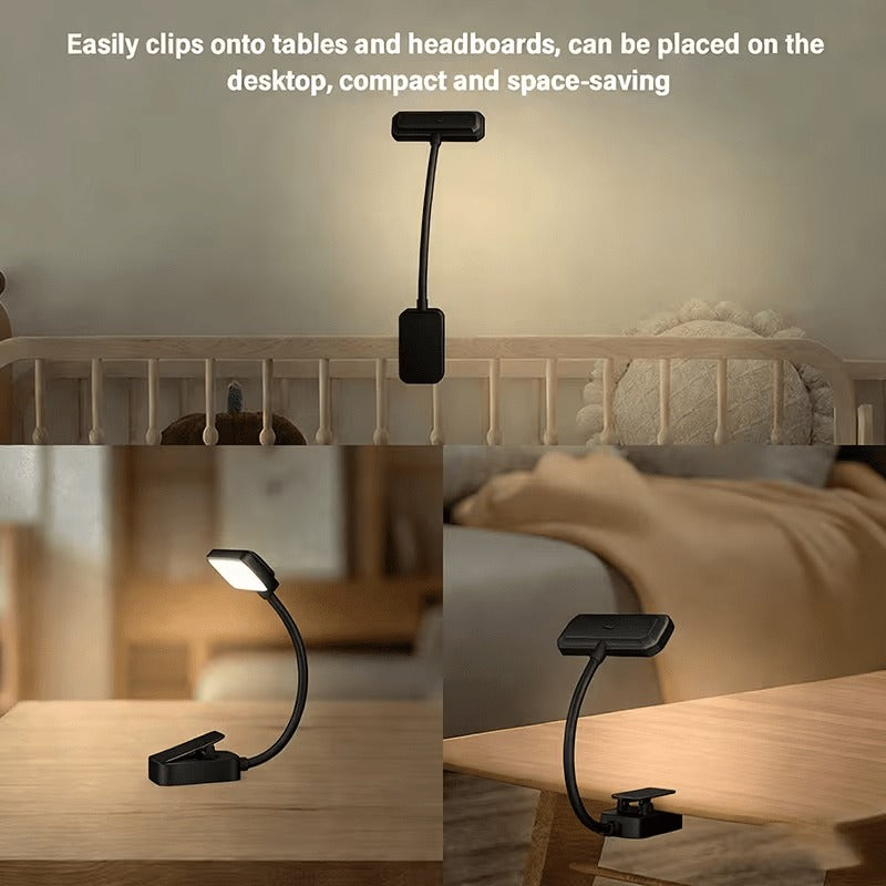 Lampe de lecture à pince noire rechargeable, utilisable branchée