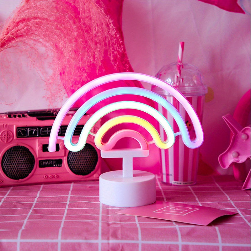 Néon LED arc-en-ciel sur socle, à piles ou USB, 23 x 19 cm