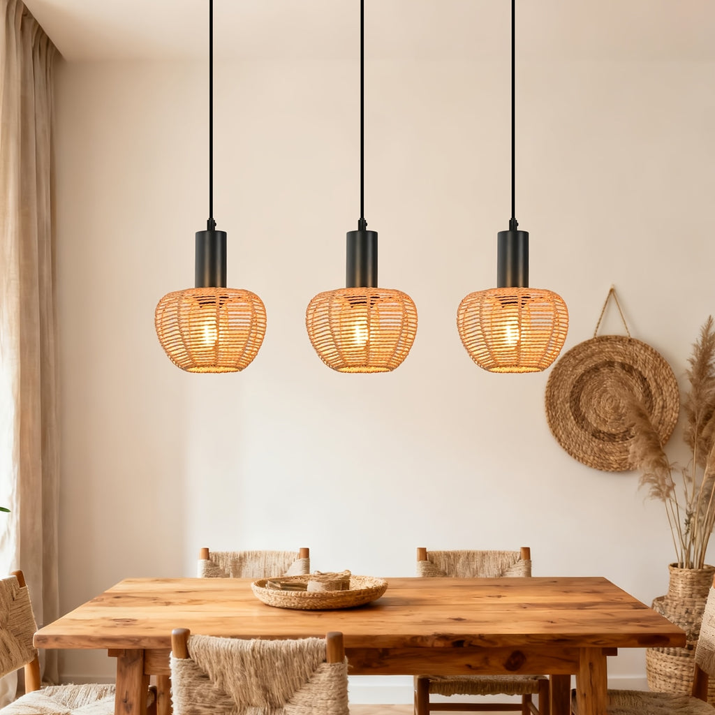 Suspension à 3 petits globes en corde tressée, rail noir de 56 cm