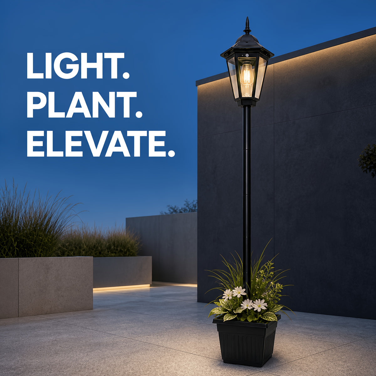 Lampadaire à filament solaire avec pot à fleurs, poteau de 146 cm