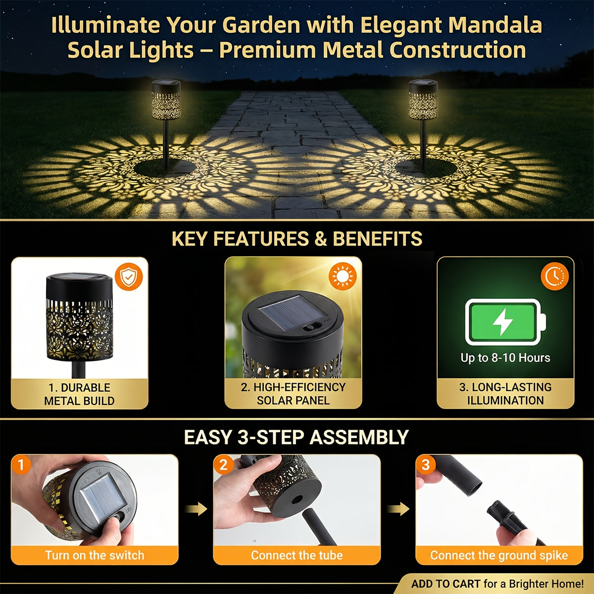 Lampe solaire en métal ajouré à motifs mandala, IP65, lot de 4
