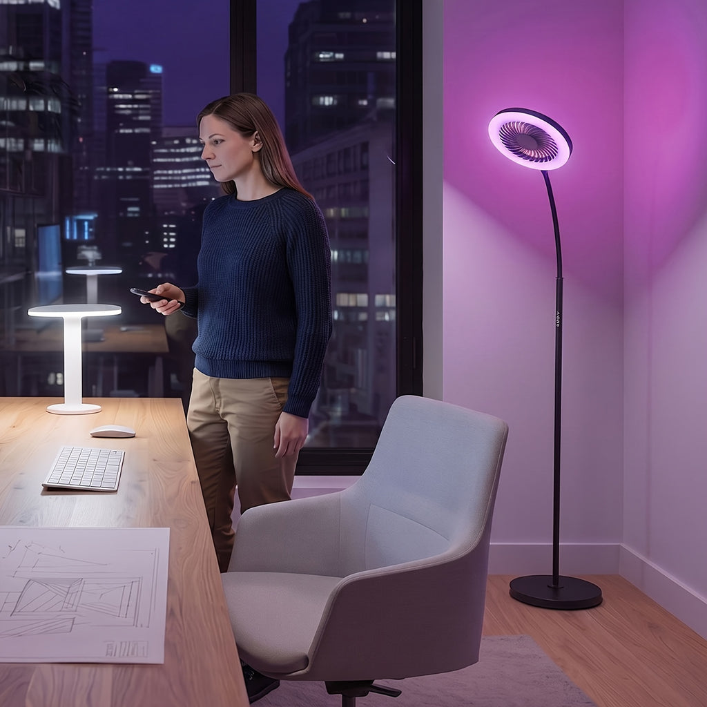 Lampadaire à ventilateur et lumière LED RVB sur col de cygne, 185 cm