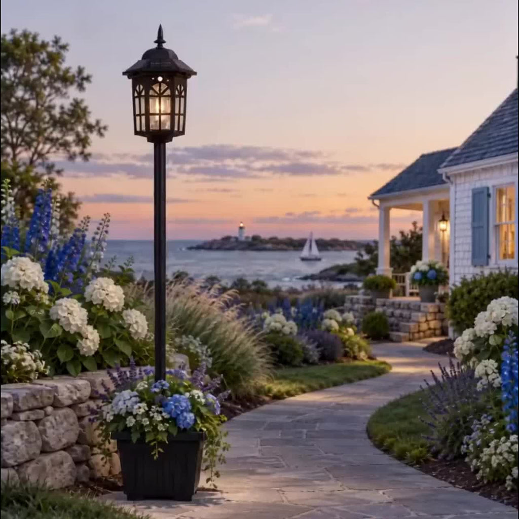 Lampadaire solaire de jardin à lanterne carrée et jardinière