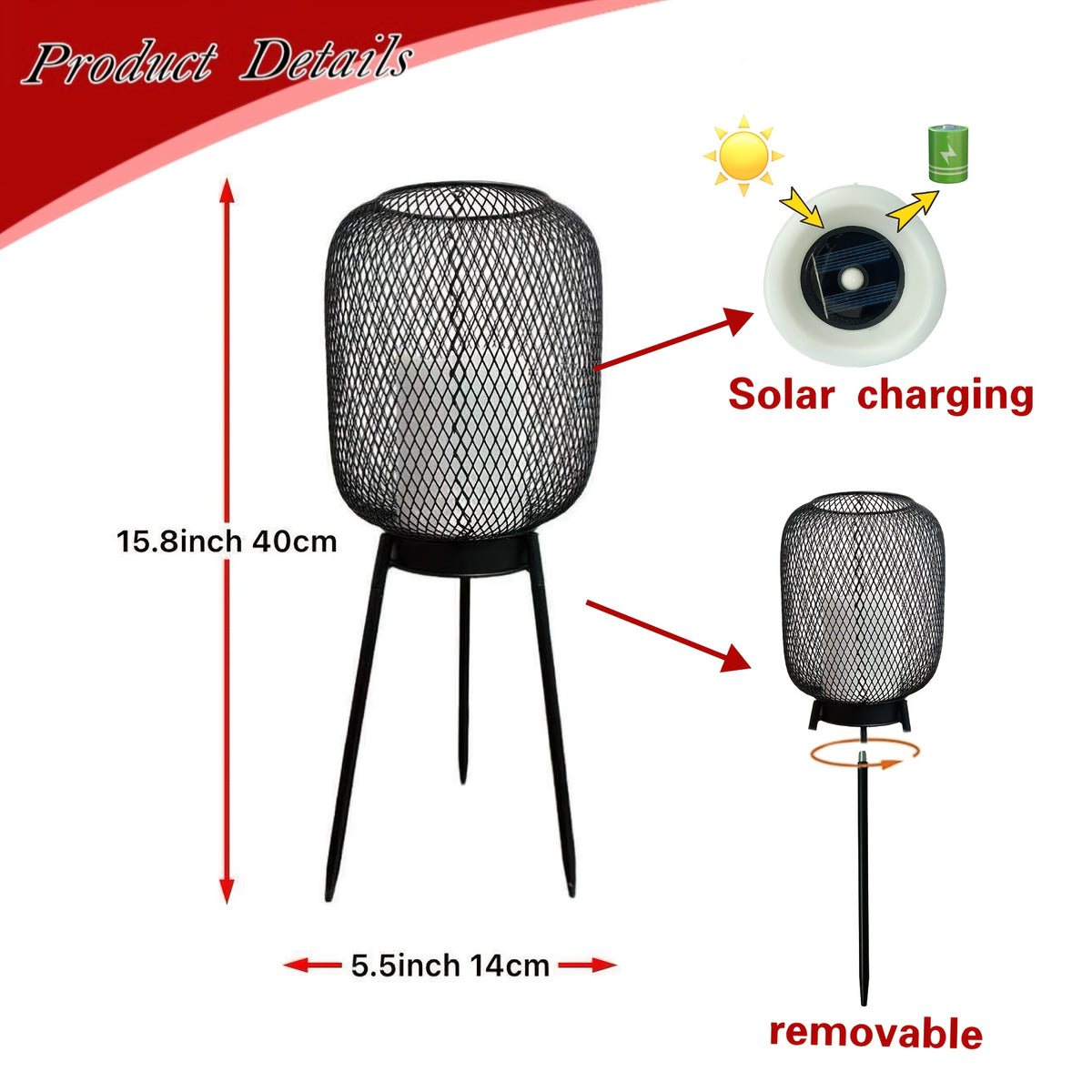 Lanterne solaire grillagée sur trépied, effet bougie, 40 cm