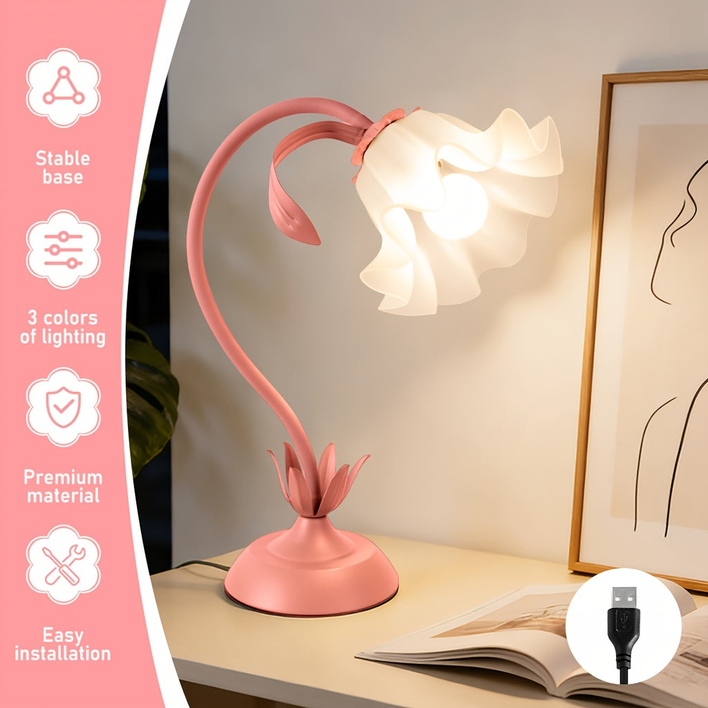 Lampe fleur à col flexible, corolle acrylique, vert ou rose, USB