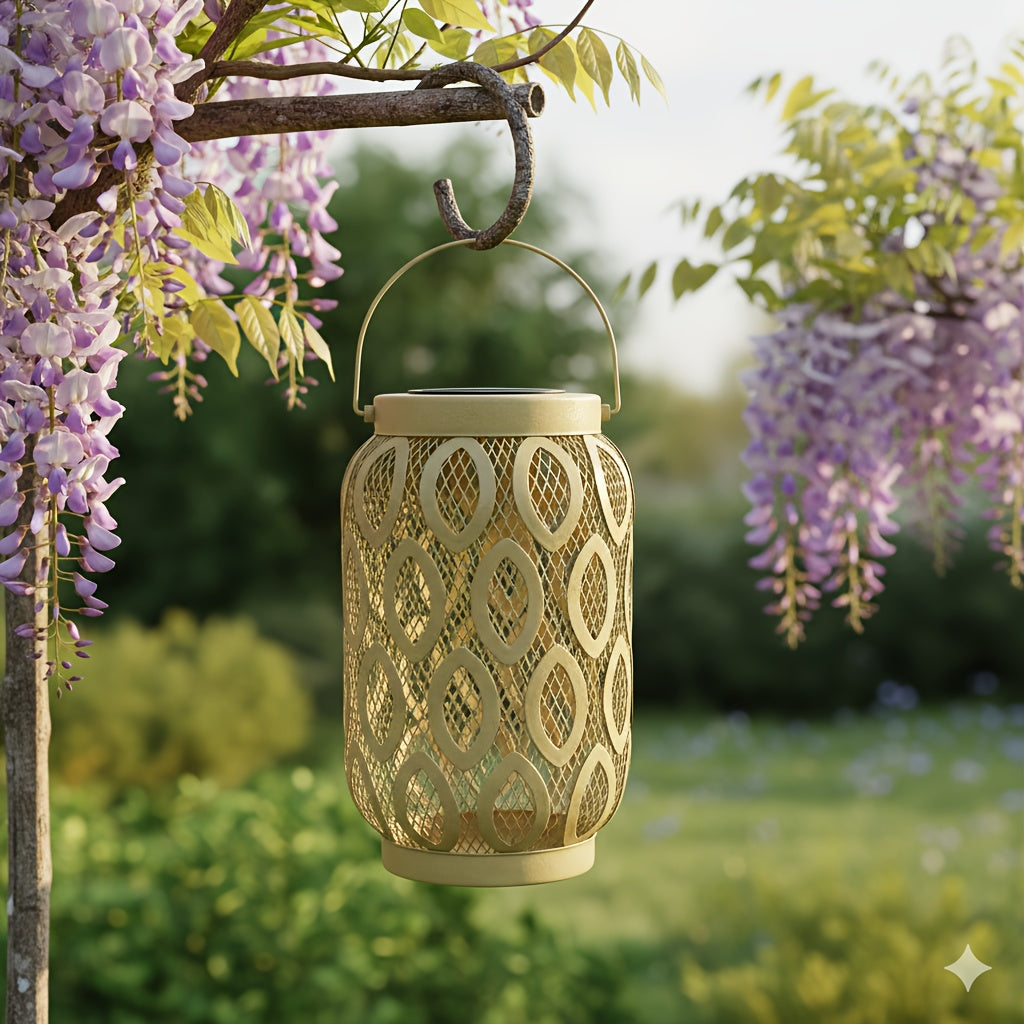 Lanterne solaire ajourée en métal kaki à anse, 29 cm, IP44
