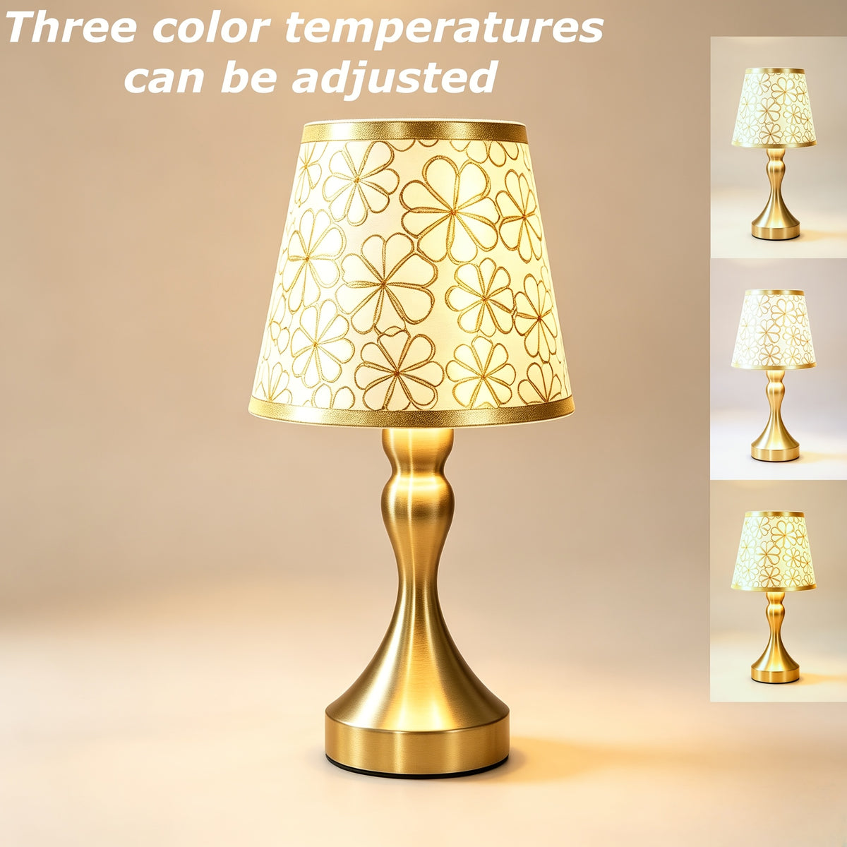 Lampe de chevet dorée à abat-jour fleuri en tissu, alimentation USB