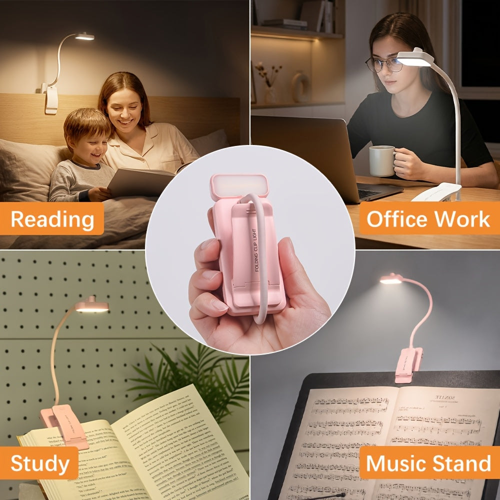 Lampe de lecture à pince rose pliable, col silicone, recharge USB