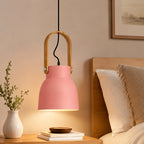 Suspension cloche vert sauge, gris ou rose, anse effet bois