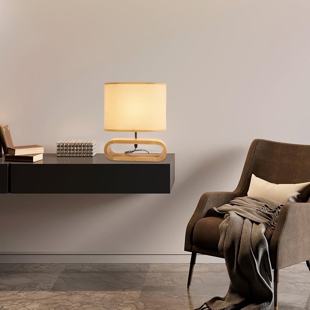 Lampe de chevet socle ovale en bois et abat-jour en lin, USB